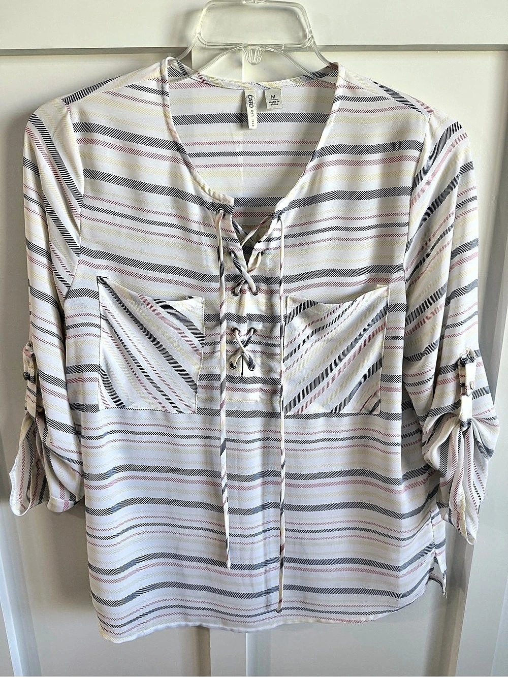 Cato Striped Tie Neck Blouse in White, Navy, Yellow and Red. Size Medium. Tunic